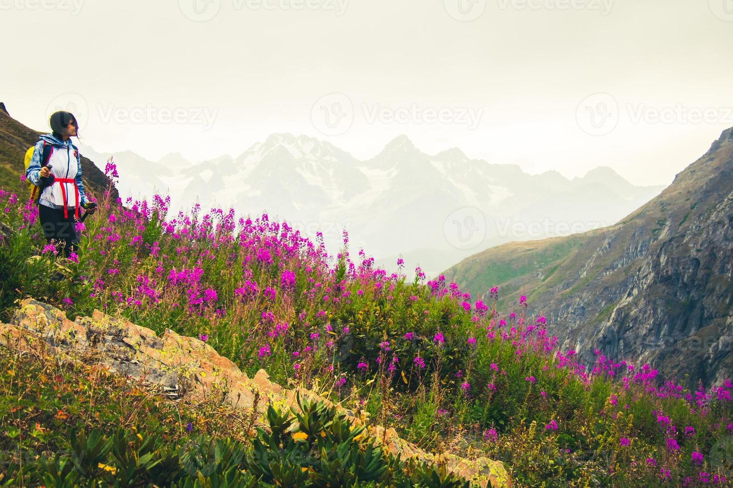 alpinista feminina morena caucasiana com pols caminhada nórdica ficar no ponto de vista para cima na trilha verde nas montanhas do cáucaso. atividades recreativas e estilo de vida saudável foto