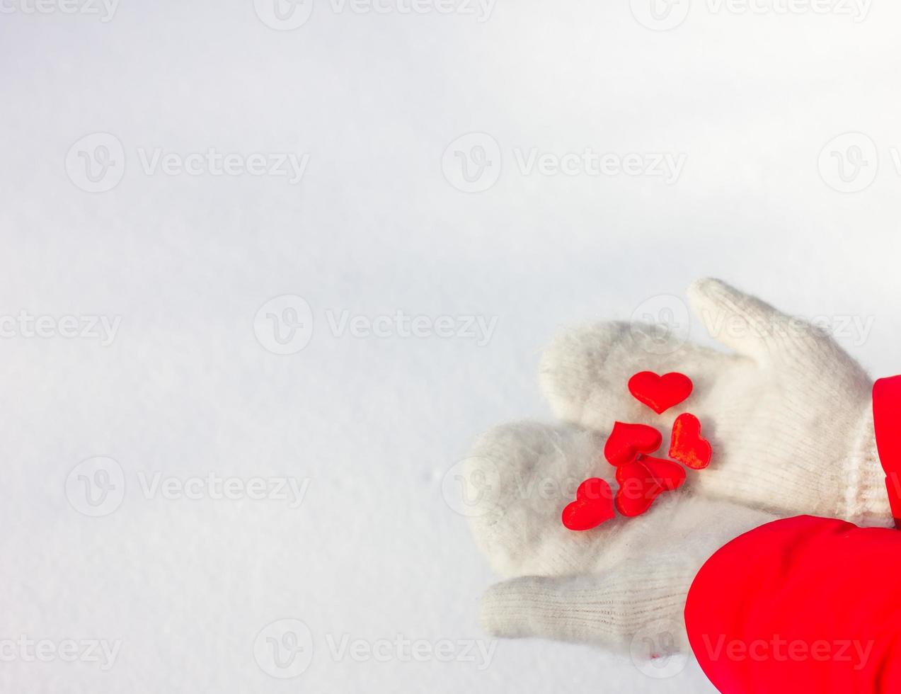 mãos femininas em luvas brancas de malha seguram um coração vermelho de seda em um fundo nevado. conceito de amor e dia dos namorados. foto