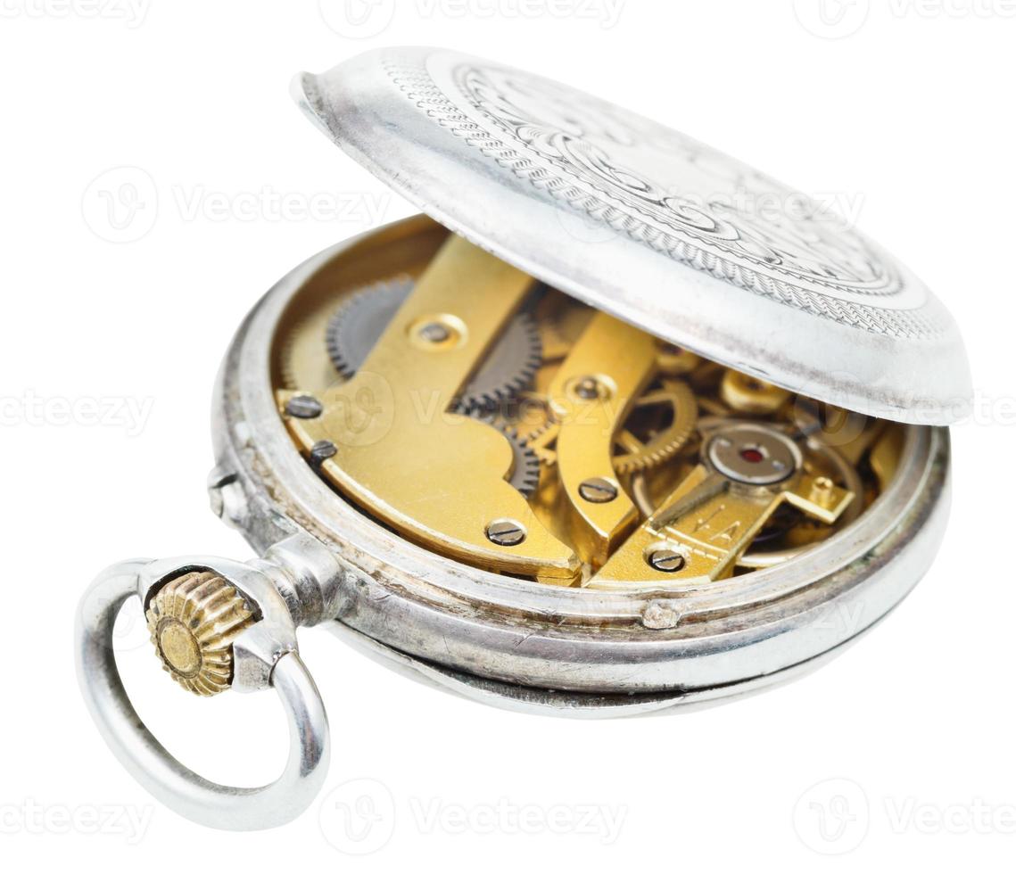 relógio de bolso de prata vintage aberto isolado no branco foto