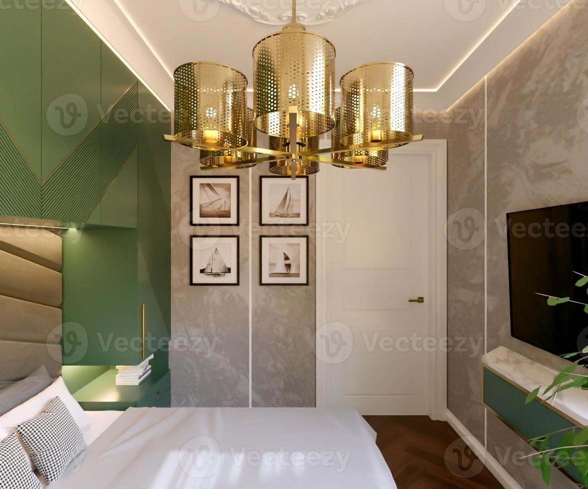 3d renderização design de interiores de quarto verde de luxo moderno foto