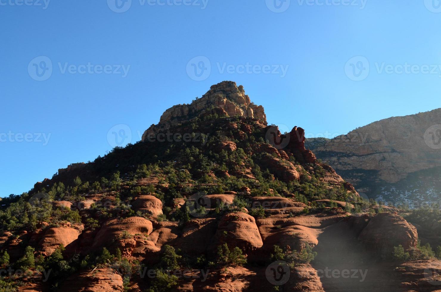 árvores crescendo nas laterais de uma formação rochosa vermelha foto