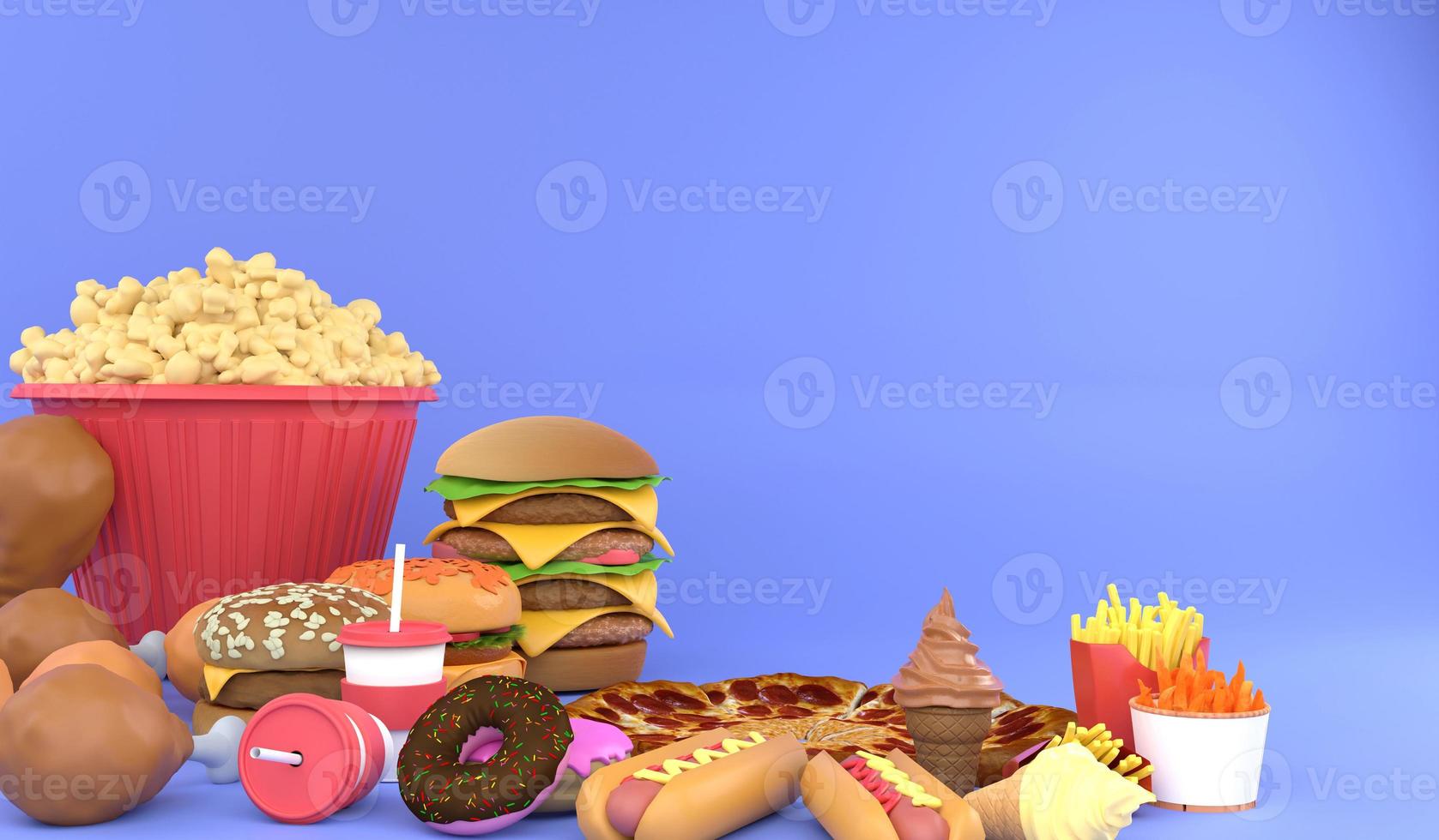 Grupo de closeup de renderização 3D de junk food. conceito de fast food de ilustração 3D e espaço de cópia foto