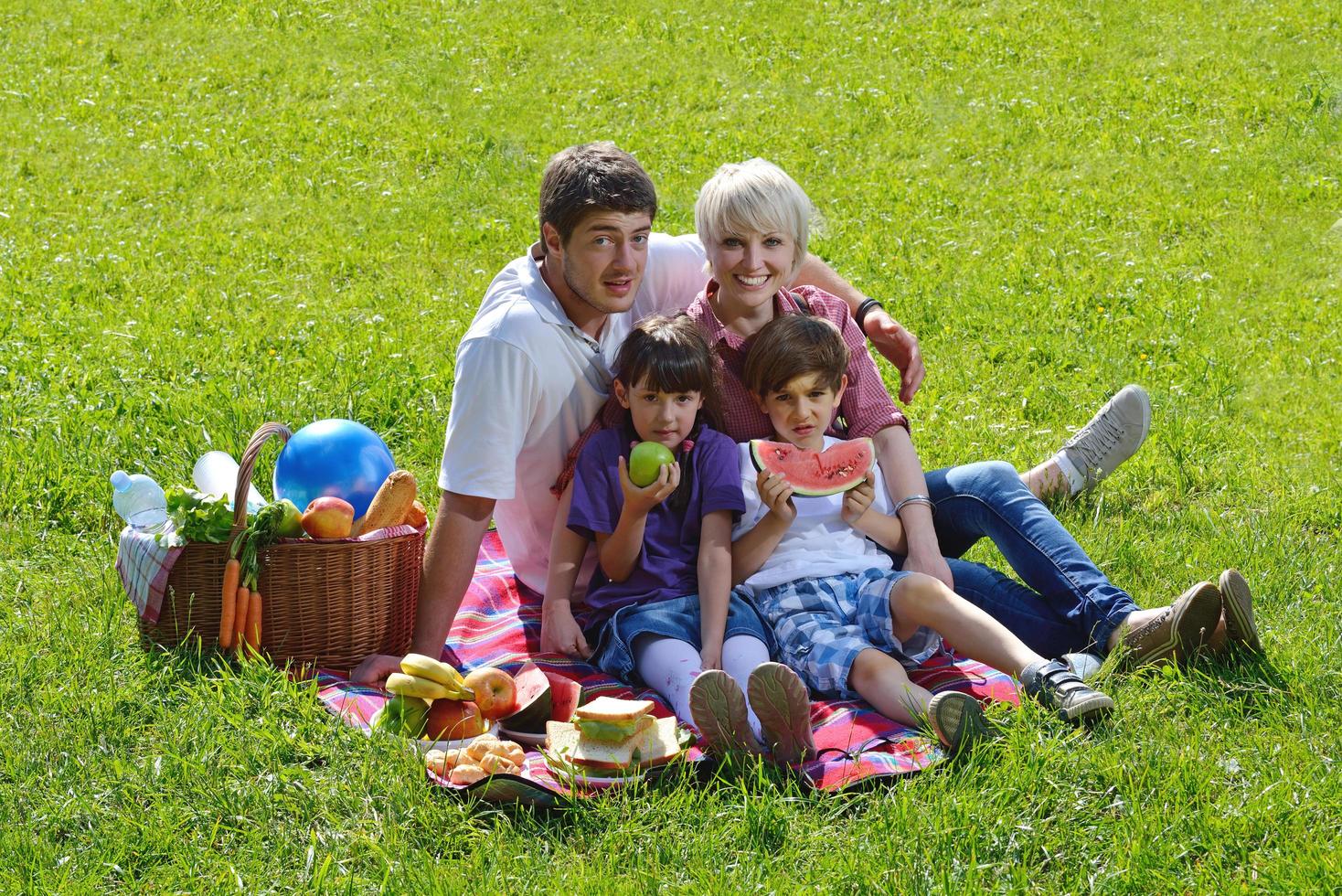 família feliz jogando juntos em um piquenique ao ar livre foto