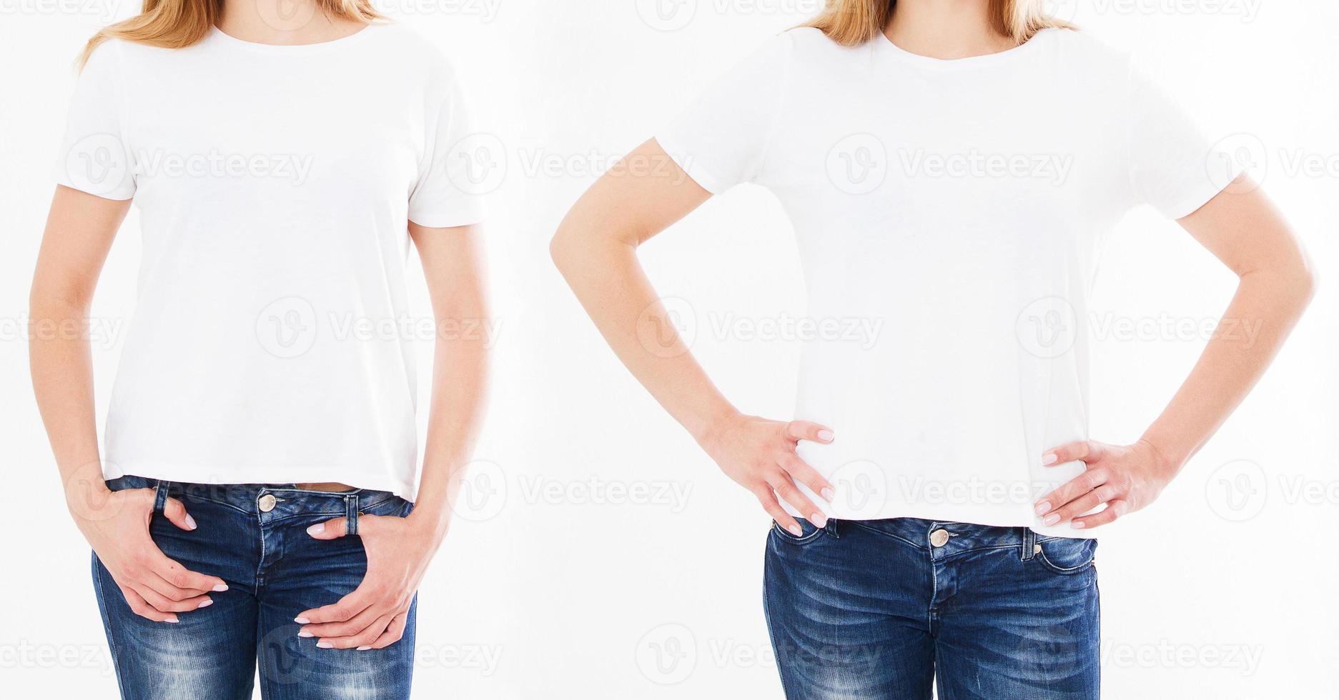 camiseta branca de mulher,conjunto de duas garotas,make up,copie o espaço foto