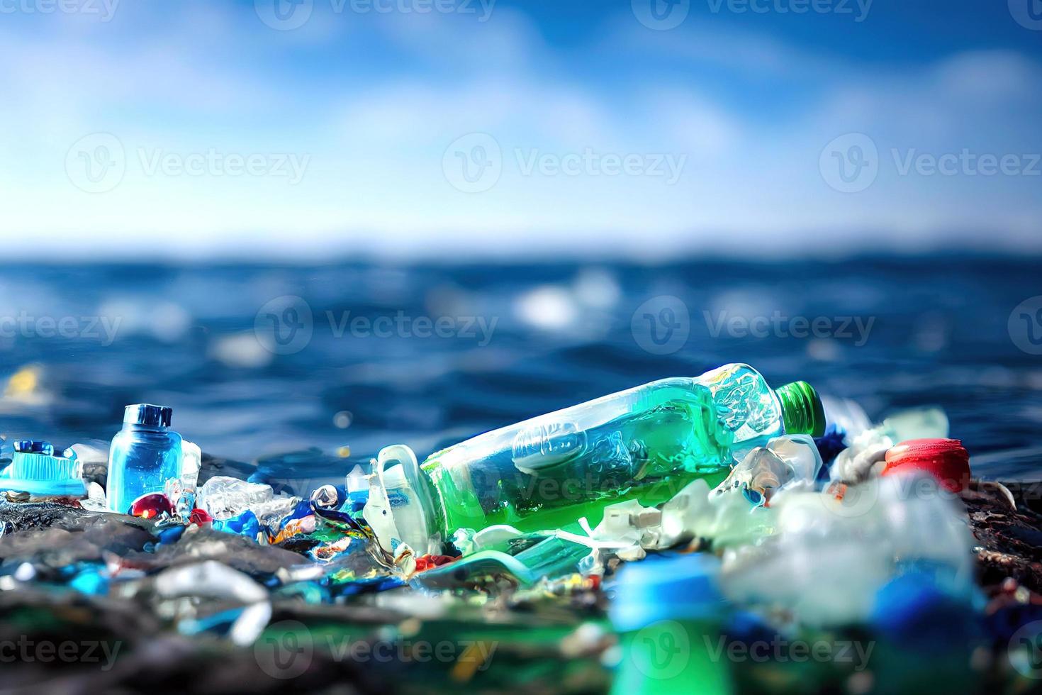 garrafas plásticas problemáticas e microplásticos flutuando no oceano. foto