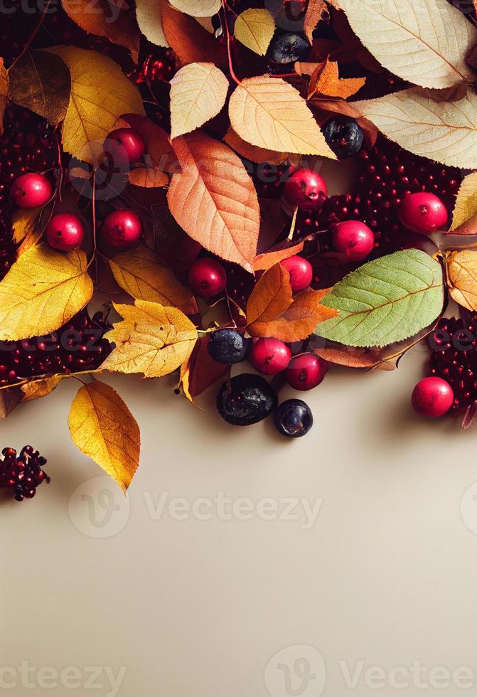 ilustração 3D de bagas e folhas de outono naturais decorativas em um papel texturizado branco cinza foto