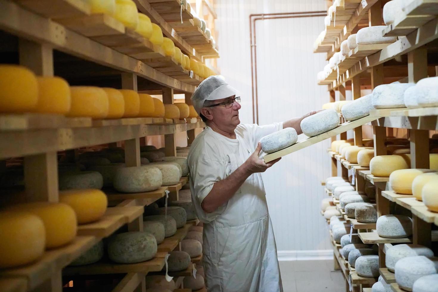 queijeiro no armazenamento com prateleiras cheias de queijo de vaca e cabra foto