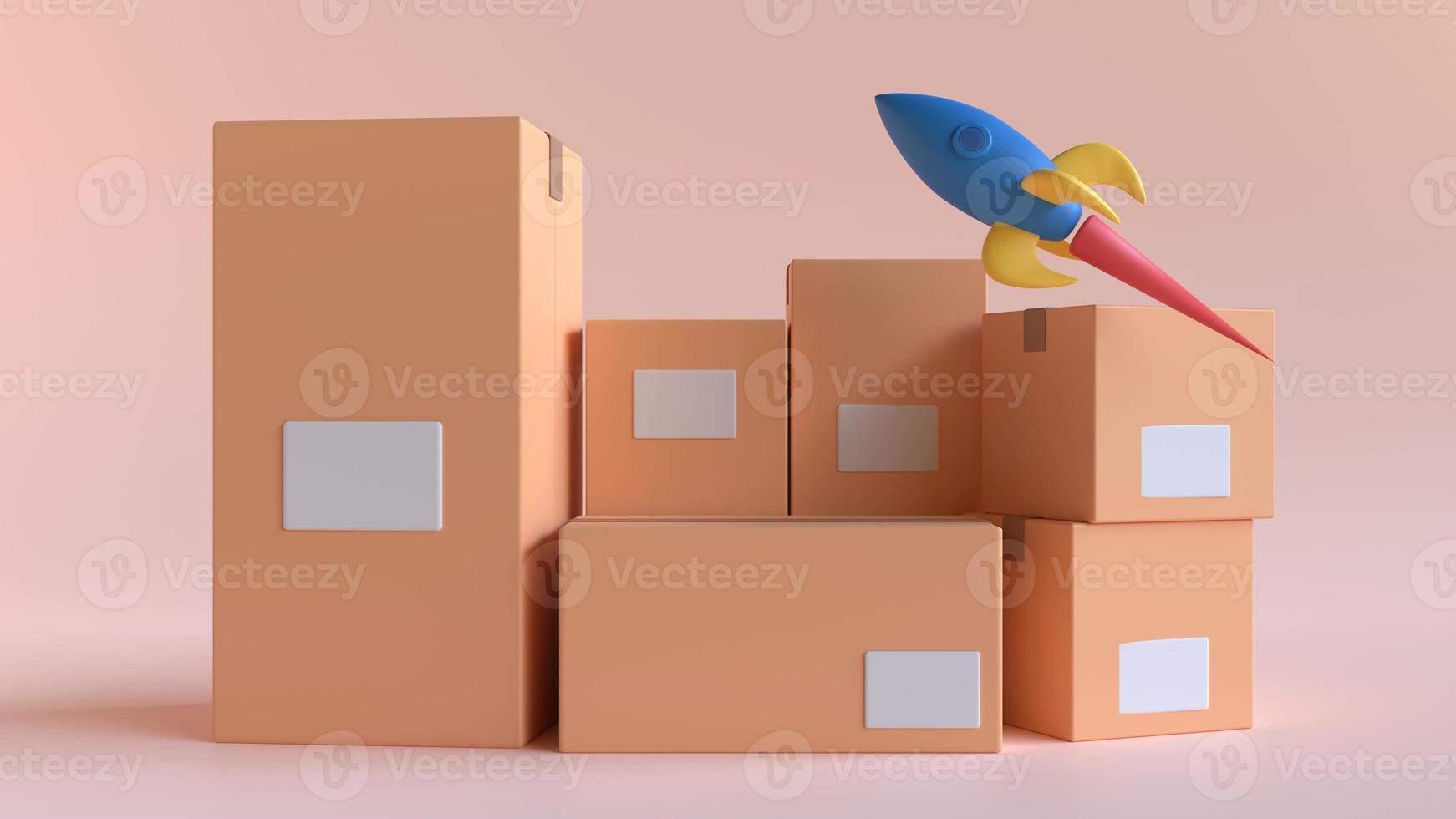 Caixa de papelão de renderização 3D ou pacote de entrega. Caixa de carga de entrega de ilustração 3D com foguete. foto