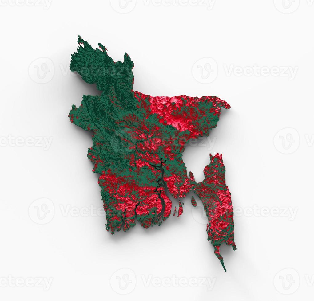mapa de bangladesh com as cores da bandeira ilustração 3d do mapa de relevo sombreado vermelho e amarelo foto
