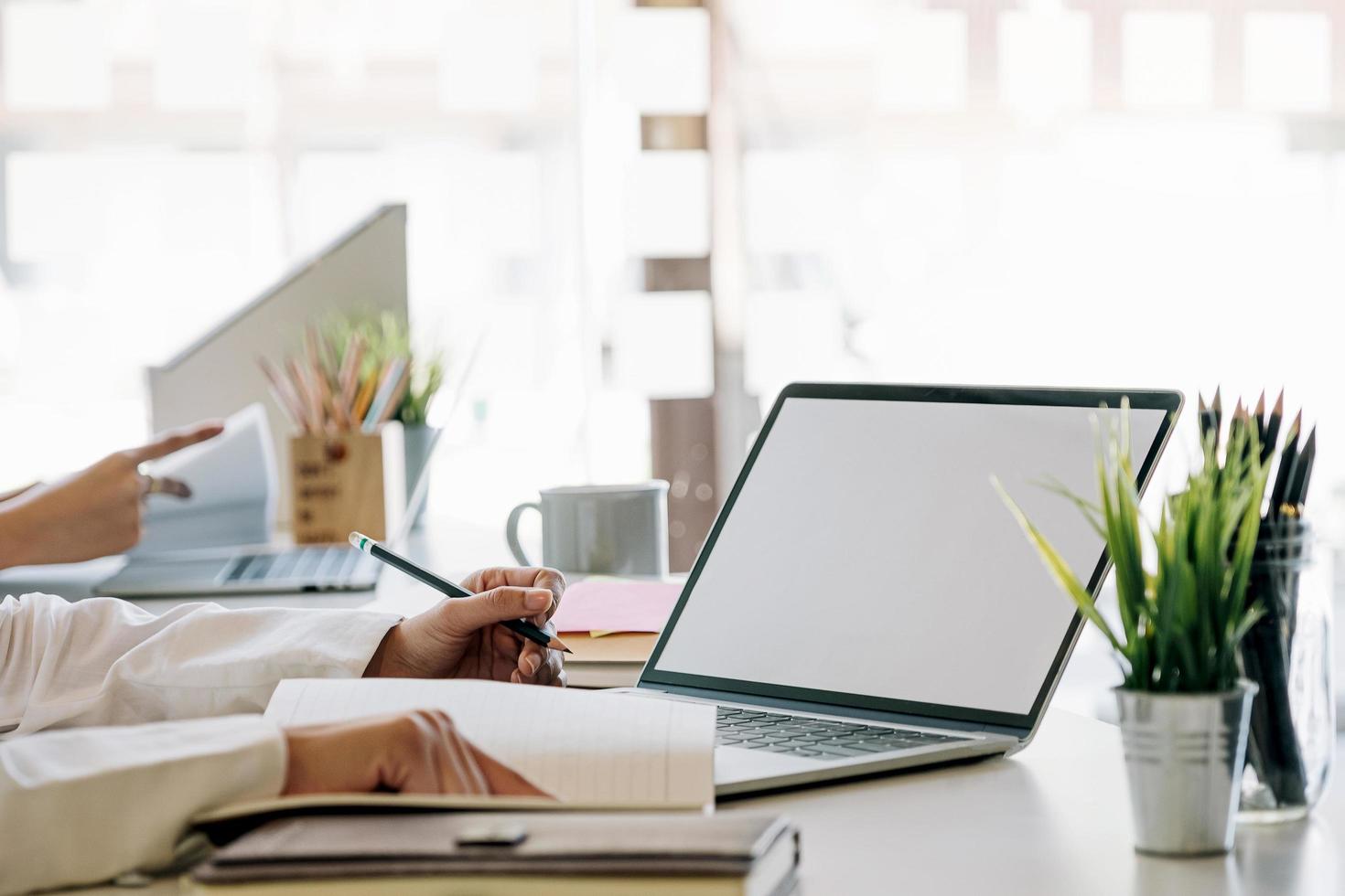 dois colegas trabalhando em laptops foto