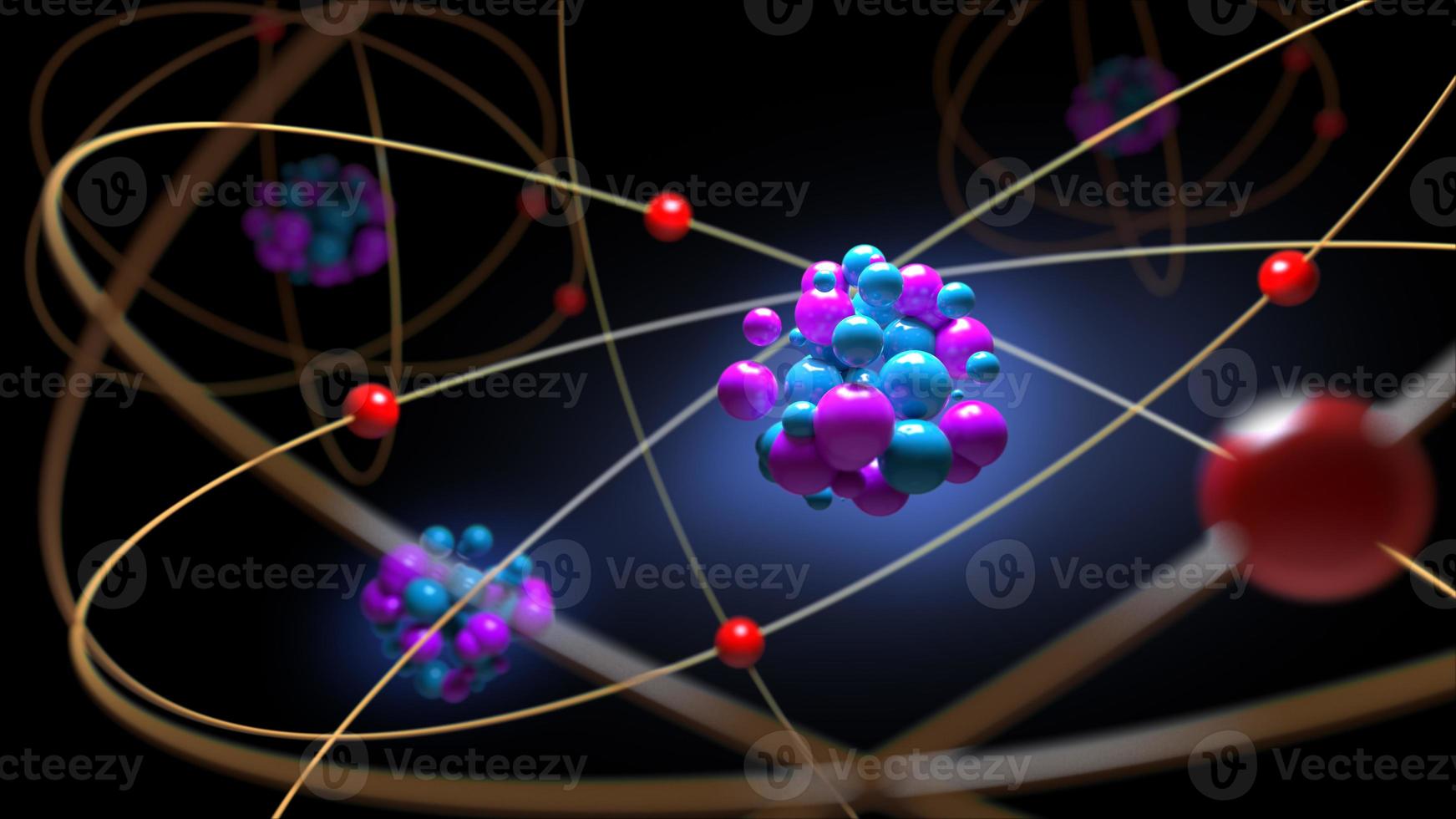 átomos prótons nêutrons elétrons, conceito de física, renderização em 3d. foto