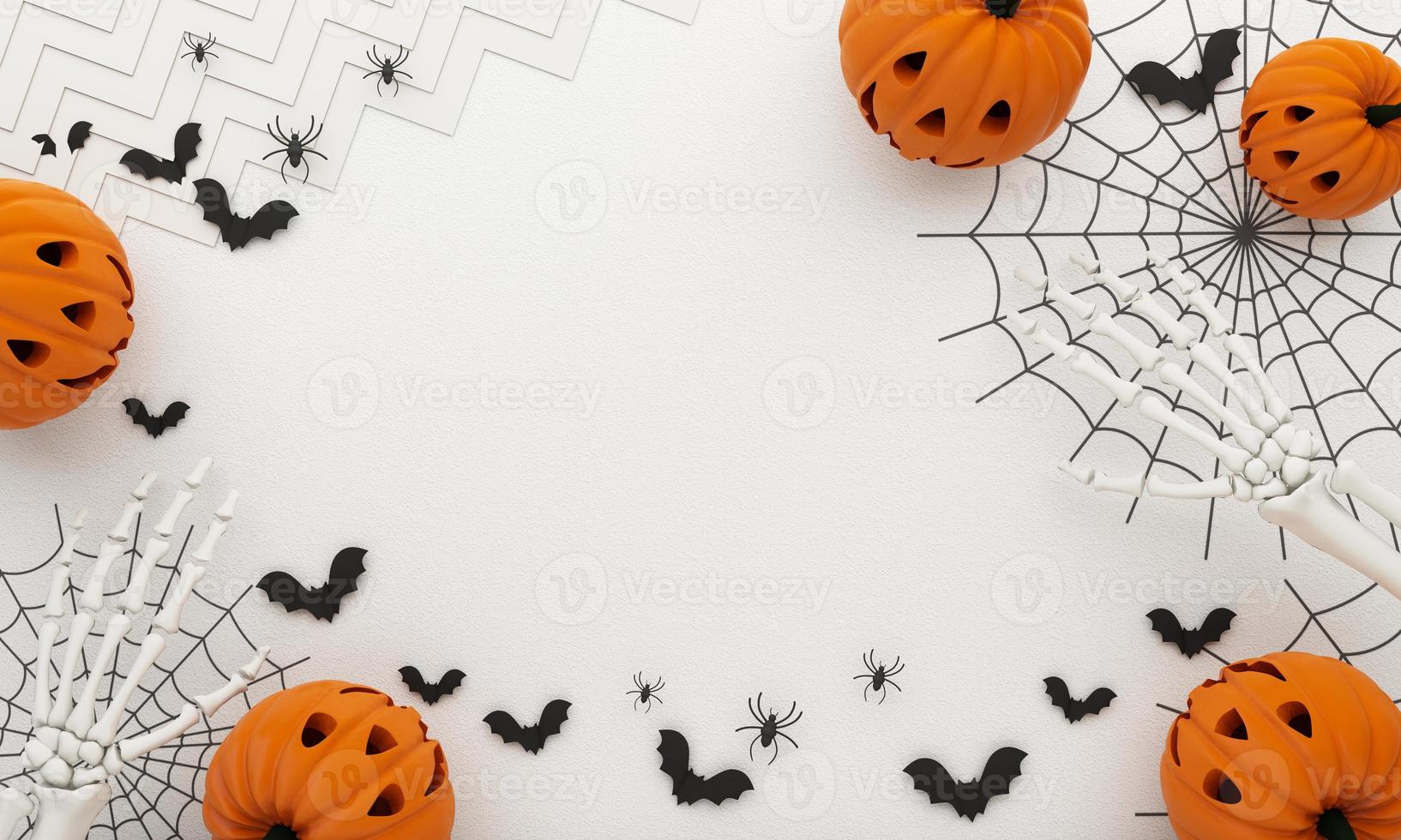 cartazes de festa de halloween feliz com morcego de teia de aranha com abóboras na ilustração dos desenhos animados. lua cheia e fantasma de vaia com mão humana e esqueleto de cabeça. fundo de vista superior de textura de concreto. renderização em 3D foto