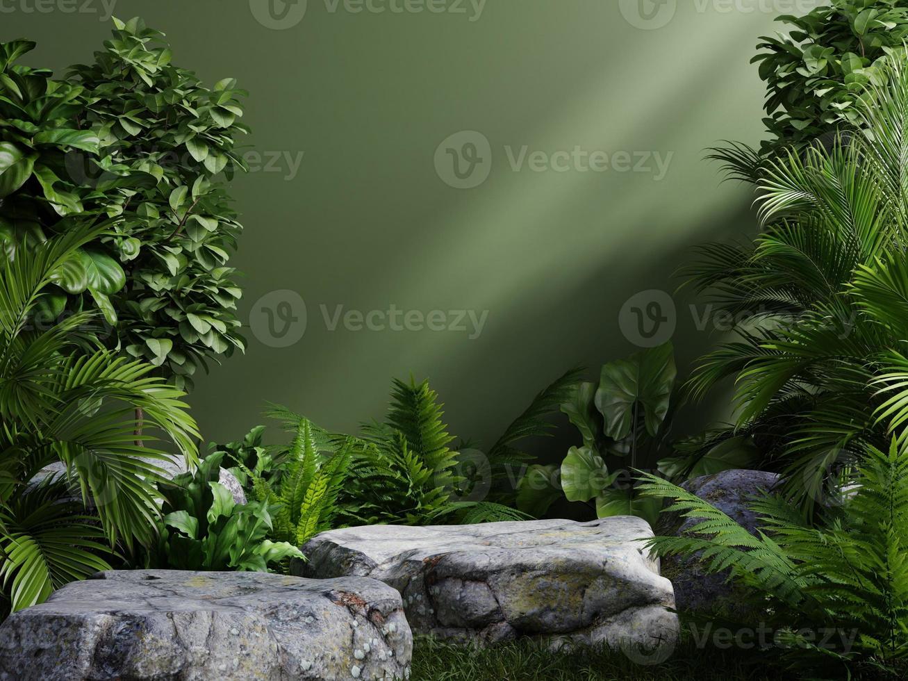 plataforma de pedra na floresta tropical para apresentação do produto e parede verde. renderização de ilustração 3D foto