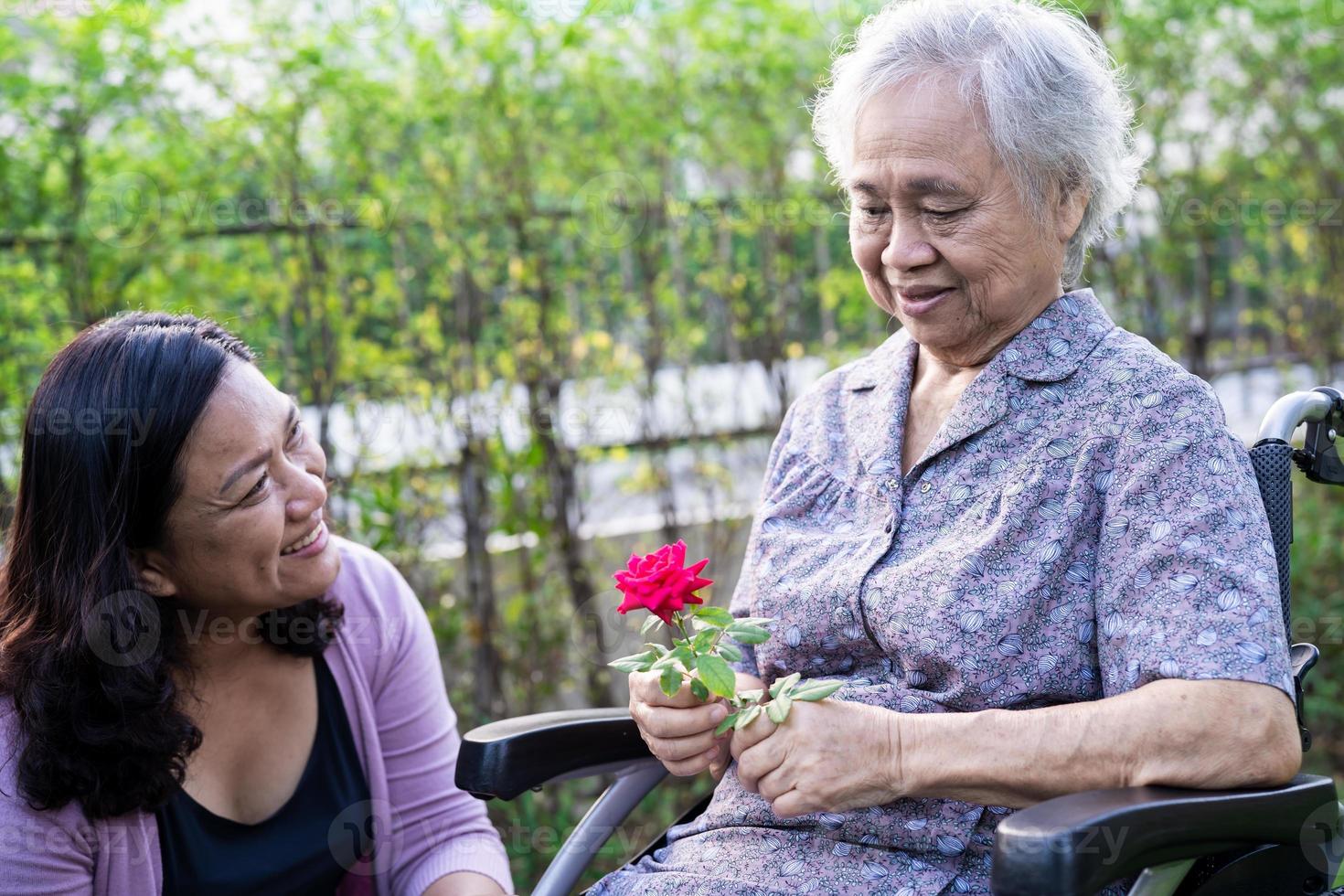 filha do cuidador abraçar e ajudar a mulher idosa asiática sênior ou idosa segurando uma rosa vermelha na cadeira de rodas no parque. foto