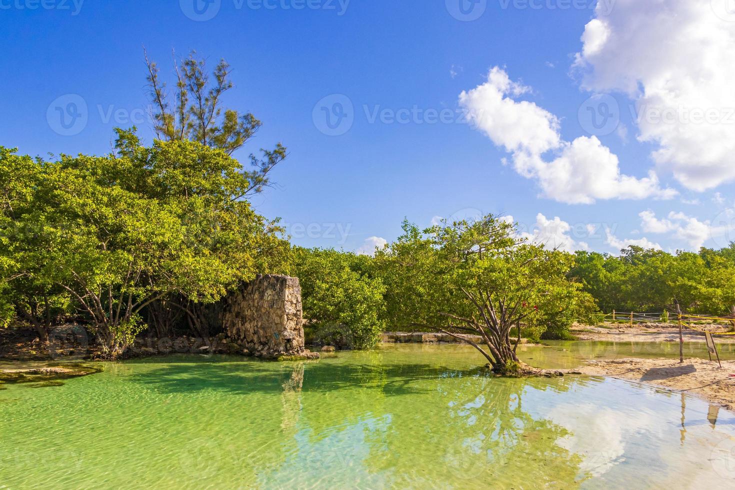 pequena e linda caverna de cenote com rio azul turquesa água méxico. foto