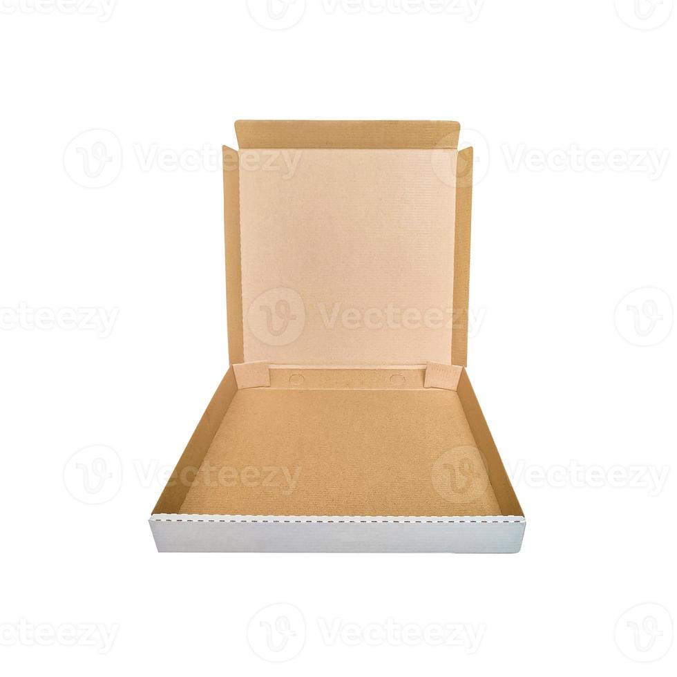 caixa de papelão aberta vazia para pizza isolada no fundo branco. foto