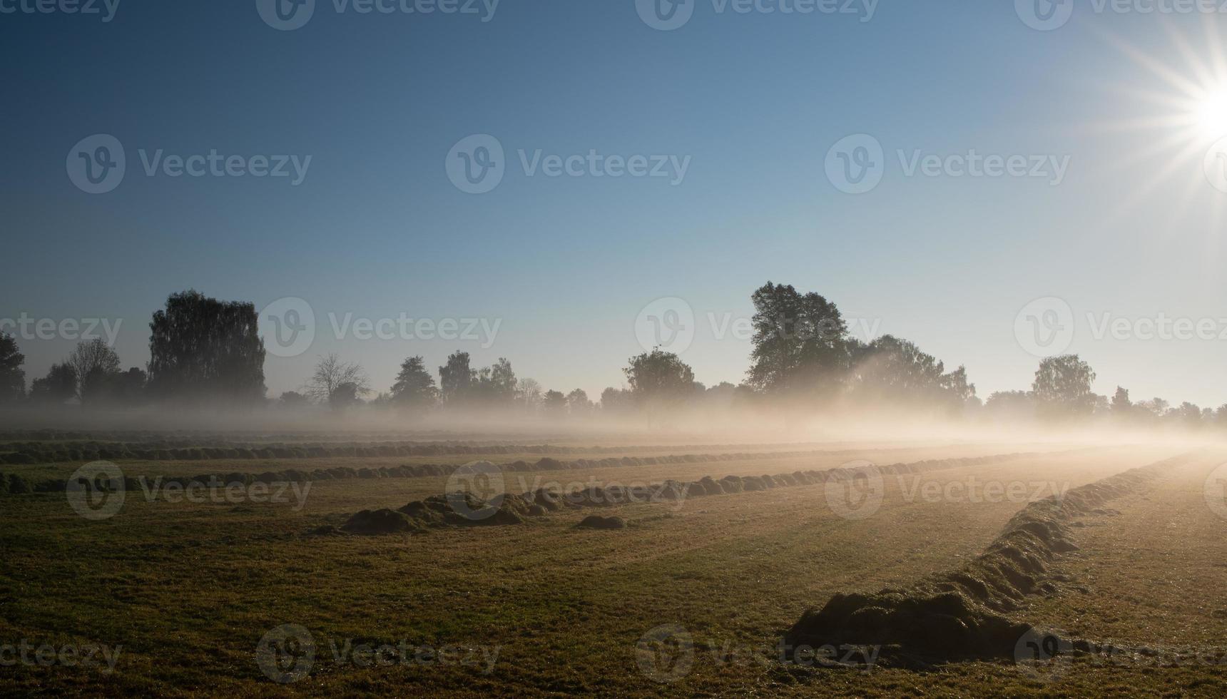 o sol nasce no outono sobre um campo recém-cortado com a grama ainda sobre ele. a neblina paira sobre o chão. o céu é azul e vermelho. foto