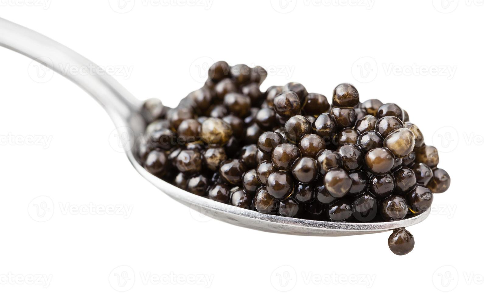 colher com caviar de esturjão preto close-up isolado foto