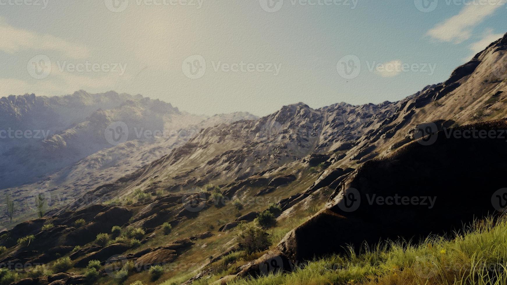 rica área de floresta natural, córregos, céu, montanhas e várias plantas renderização em 3d foto