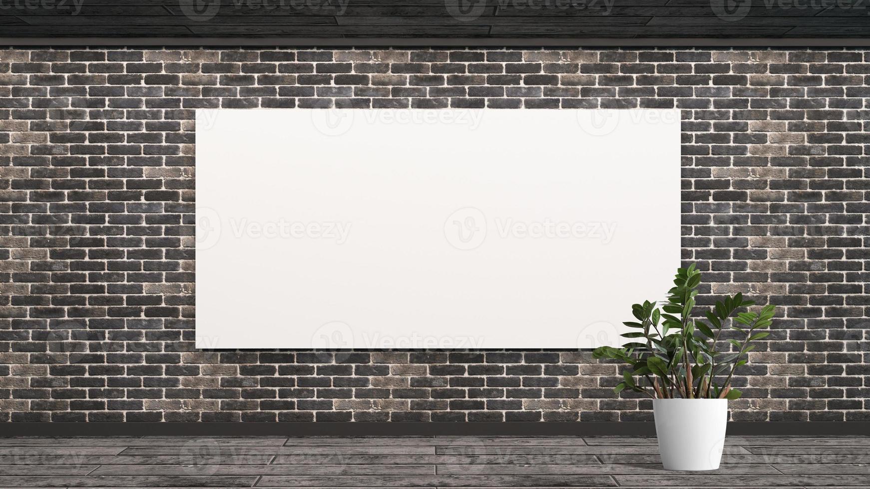 parede de tijolos de maquete com planta de flores em estilo escandinavo. cartaz branco em branco com maquete de parede vazia de quadro. renderização 3D. foto