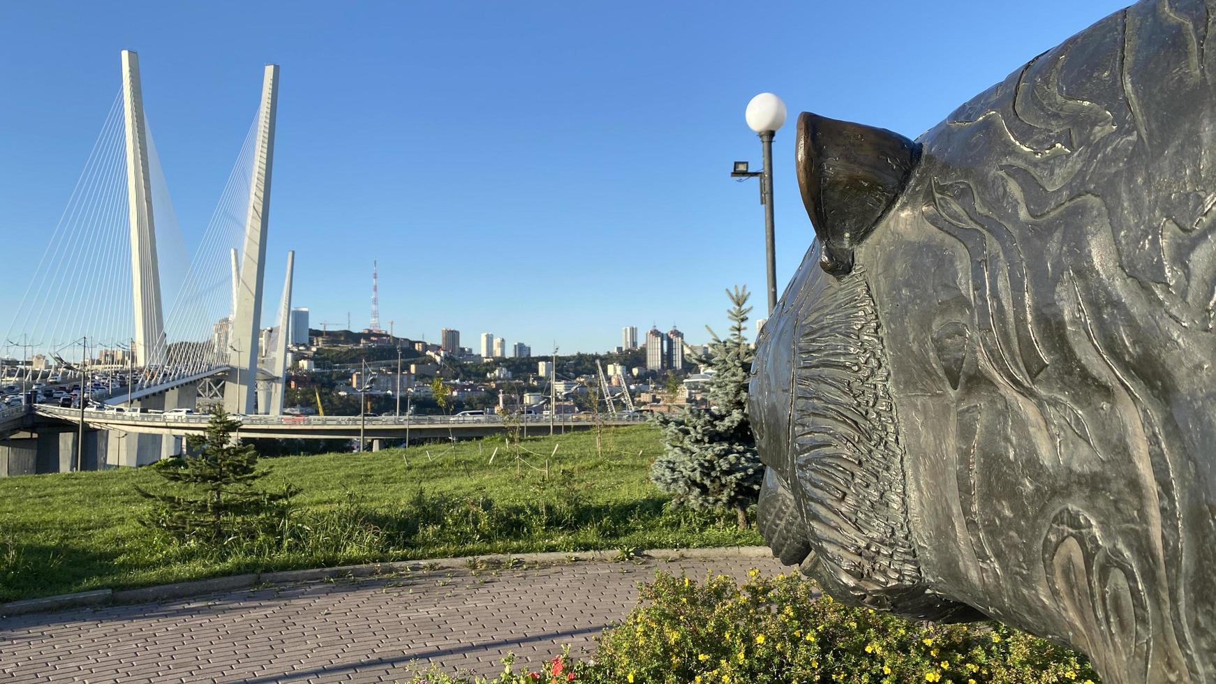 vladivostok, rússia - 20 de setembro de 2022 - paisagem urbana com vista para a escultura do tigre. foto