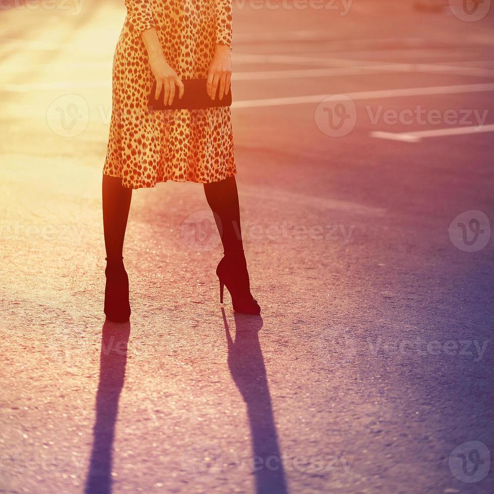 conceito de moda elegante, mulher bonita elegante em vestido de leopardo w foto