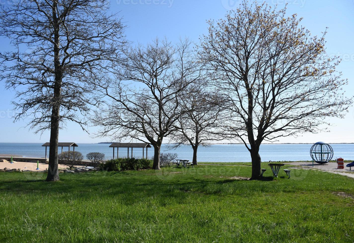 parque de grama com litoral e vistas costeiras foto