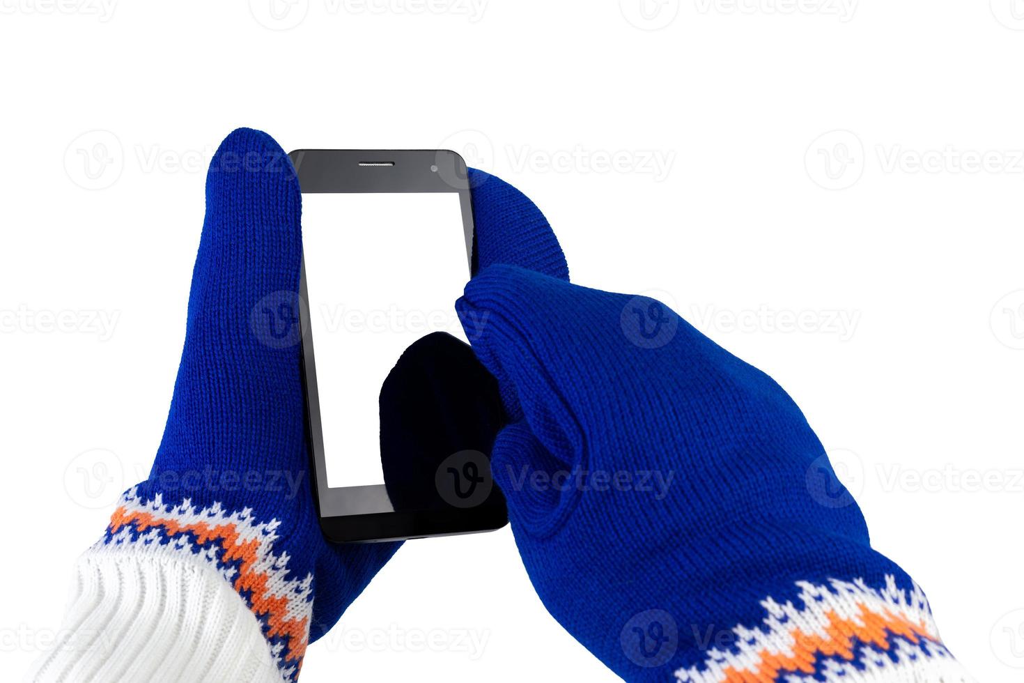 celular com luvas brancas e azuis isoladas no fundo branco foto