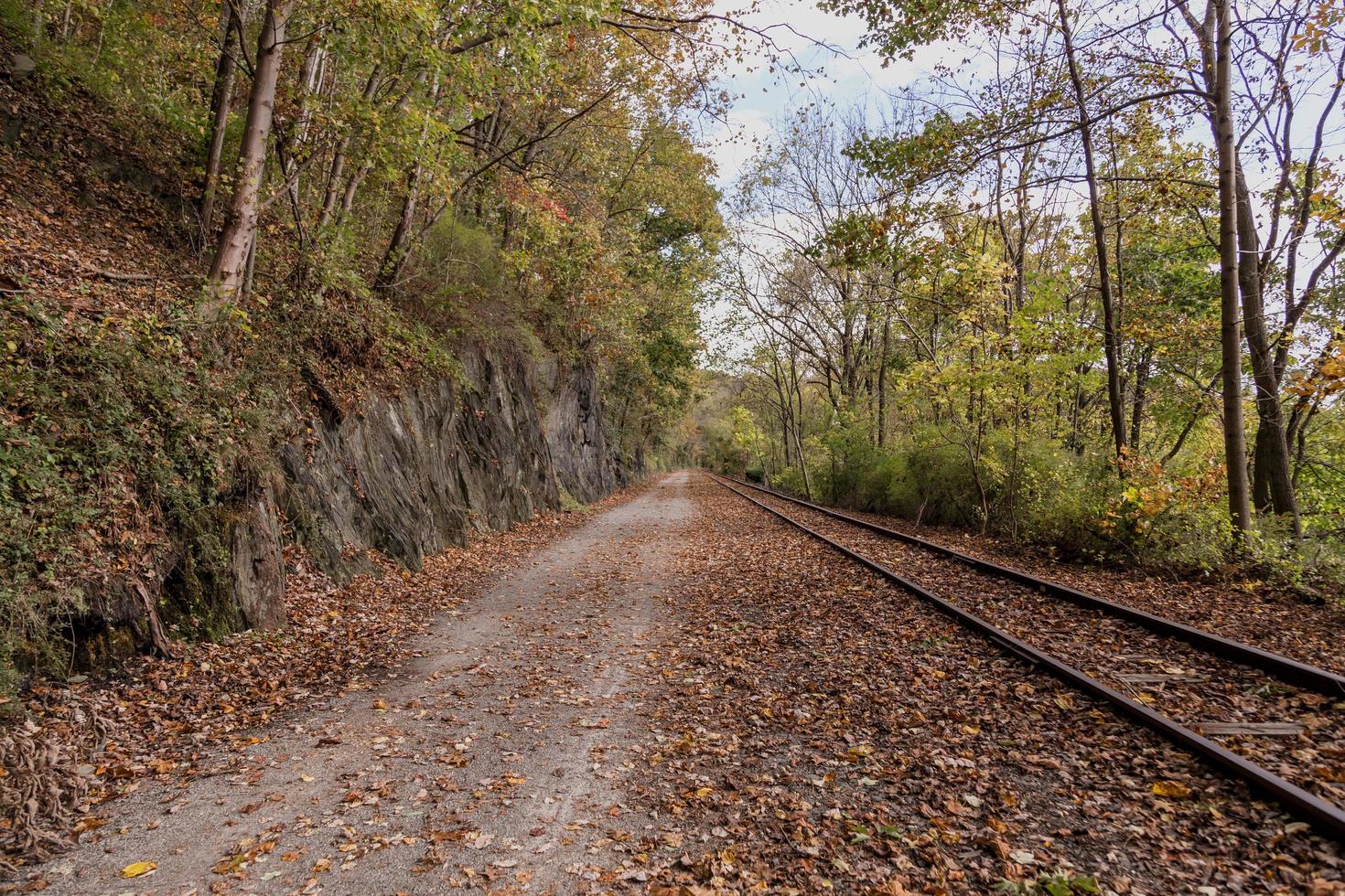caminho de outono ao longo dos trilhos da ferrovia foto