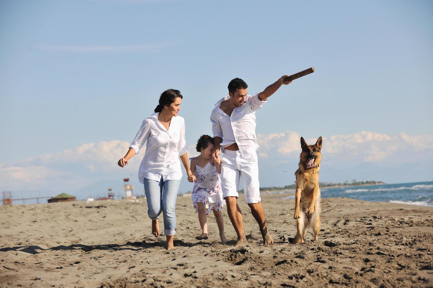 família feliz brincando com cachorro na praia foto