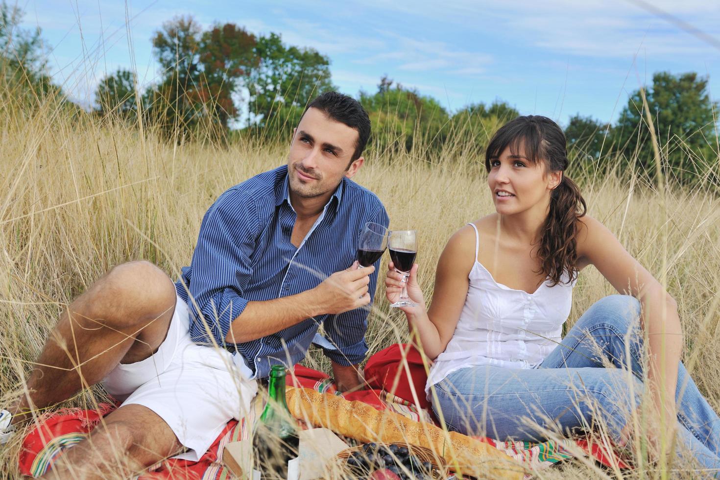 casal feliz desfrutando de piquenique no campo em grama longa foto