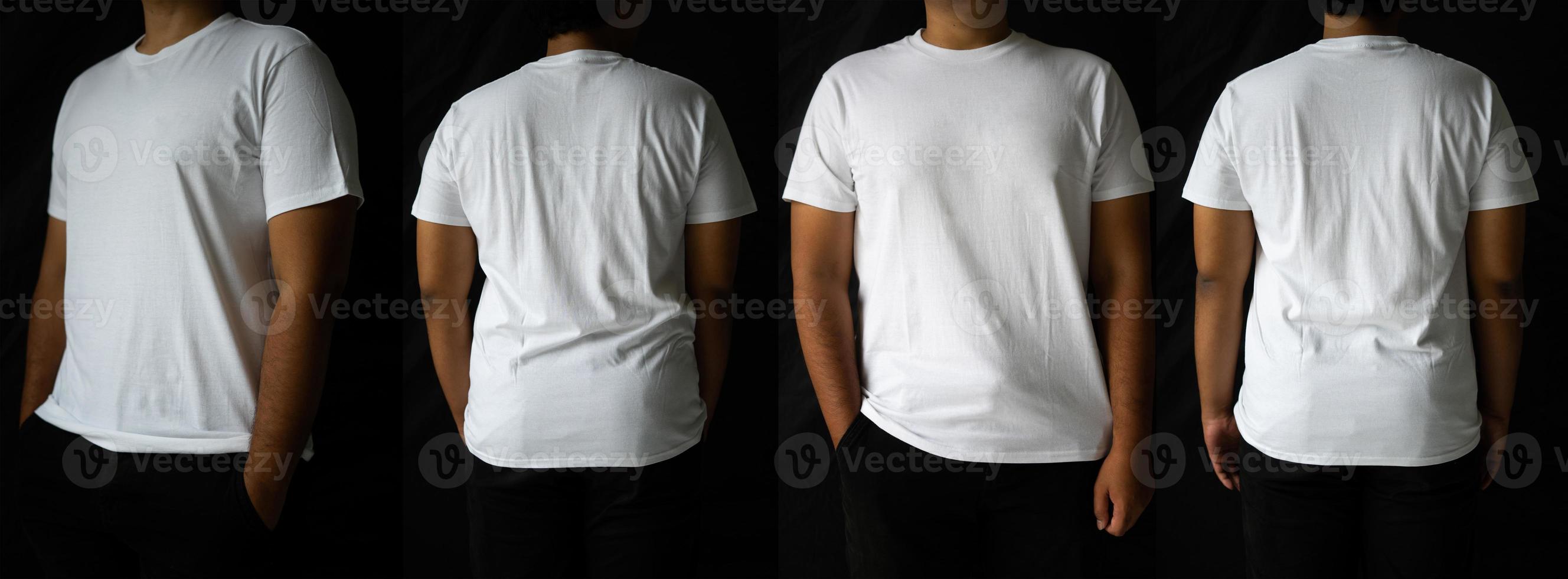 homens elegantes usam camisetas simples para maquetes. o design de camiseta em branco é exibido nas partes traseira e frontal. foto