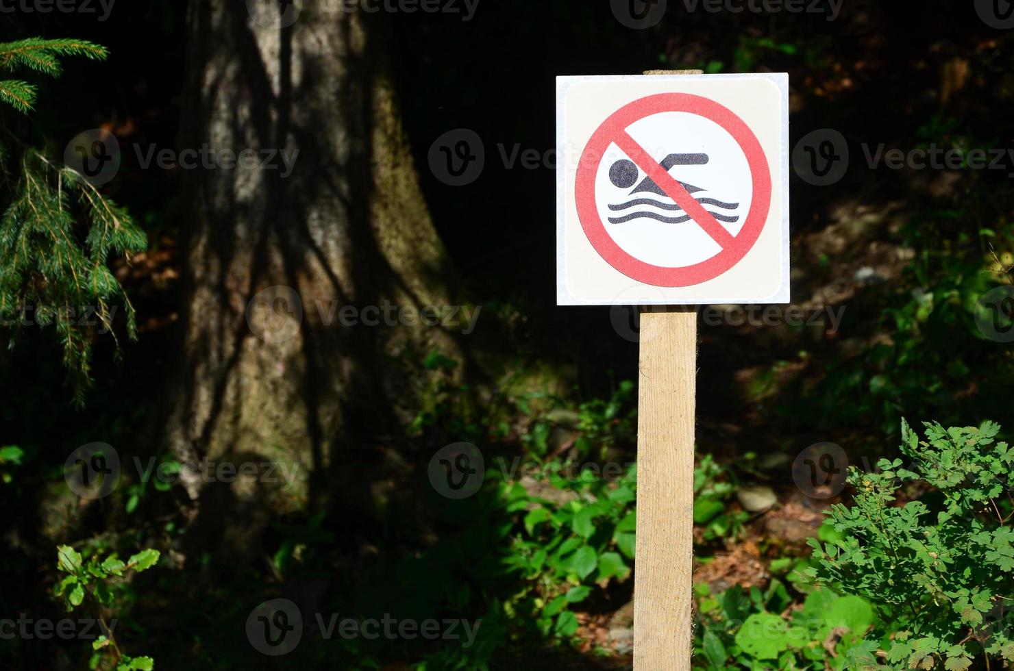 um pilar com um sinal indicando a proibição de nadar. o sinal mostra uma pessoa flutuante riscada foto