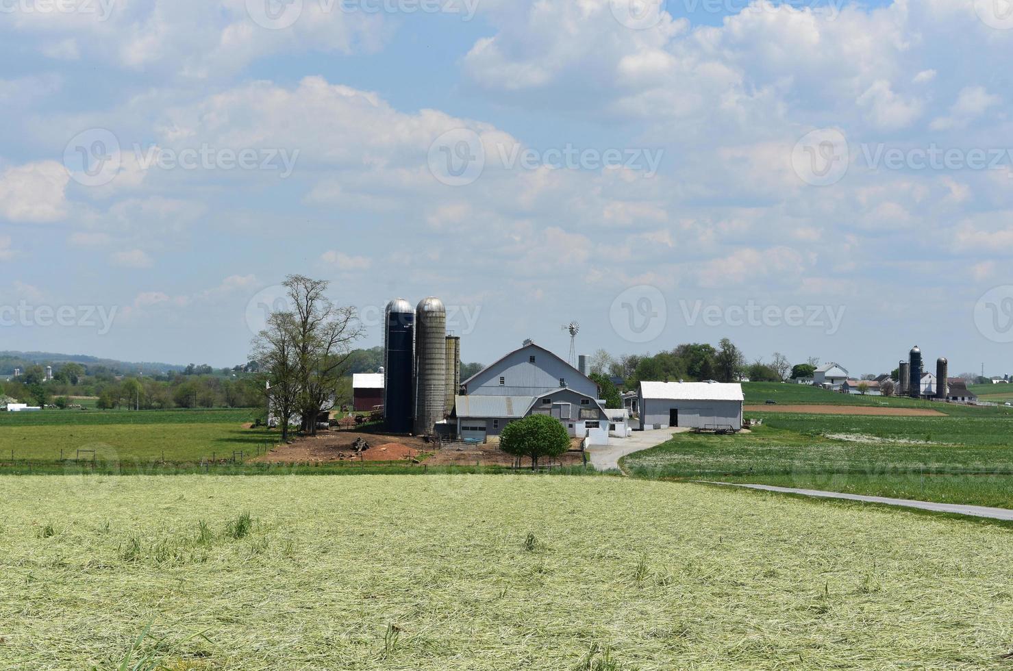 silos e celeiros cercados por campos no início da primavera foto