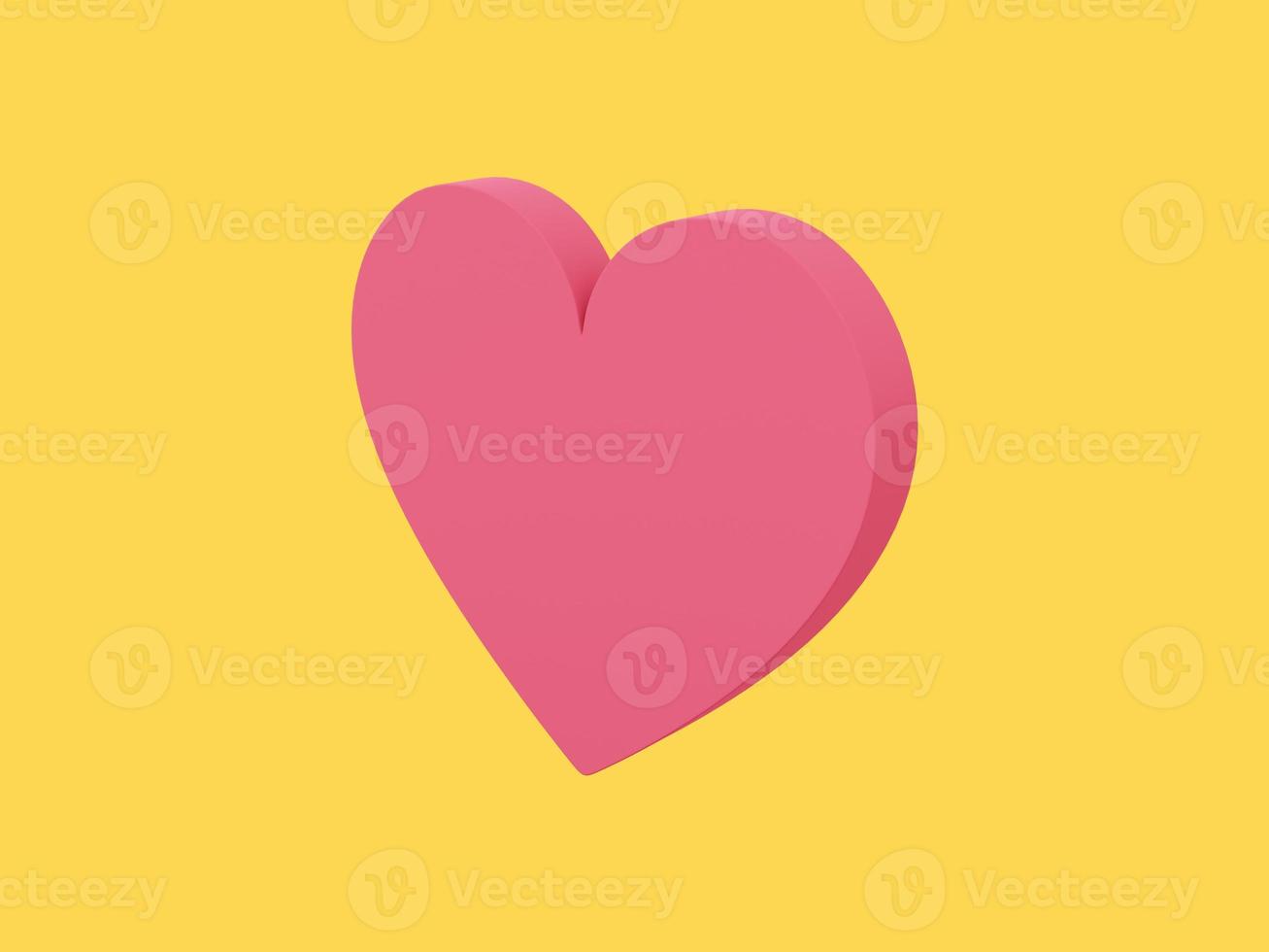 coração plano. cor única vermelha. símbolo do amor. em um fundo amarelo monocromático. vista do lado direito. renderização 3D. foto