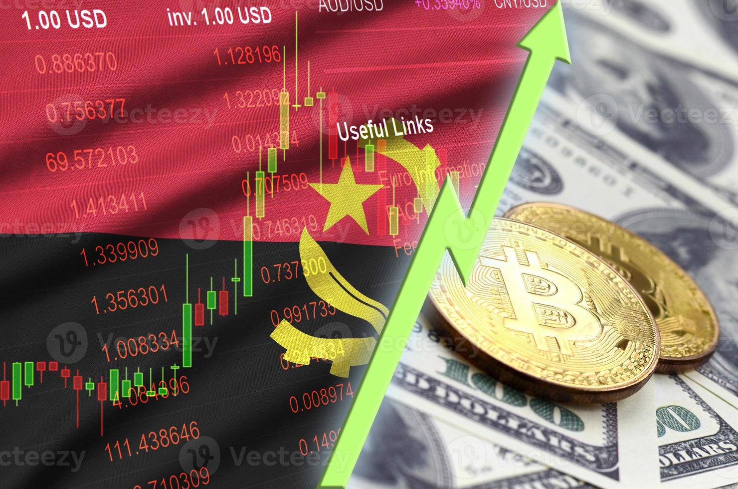 bandeira de angola e tendência crescente de criptomoeda com dois bitcoins em notas de dólar foto