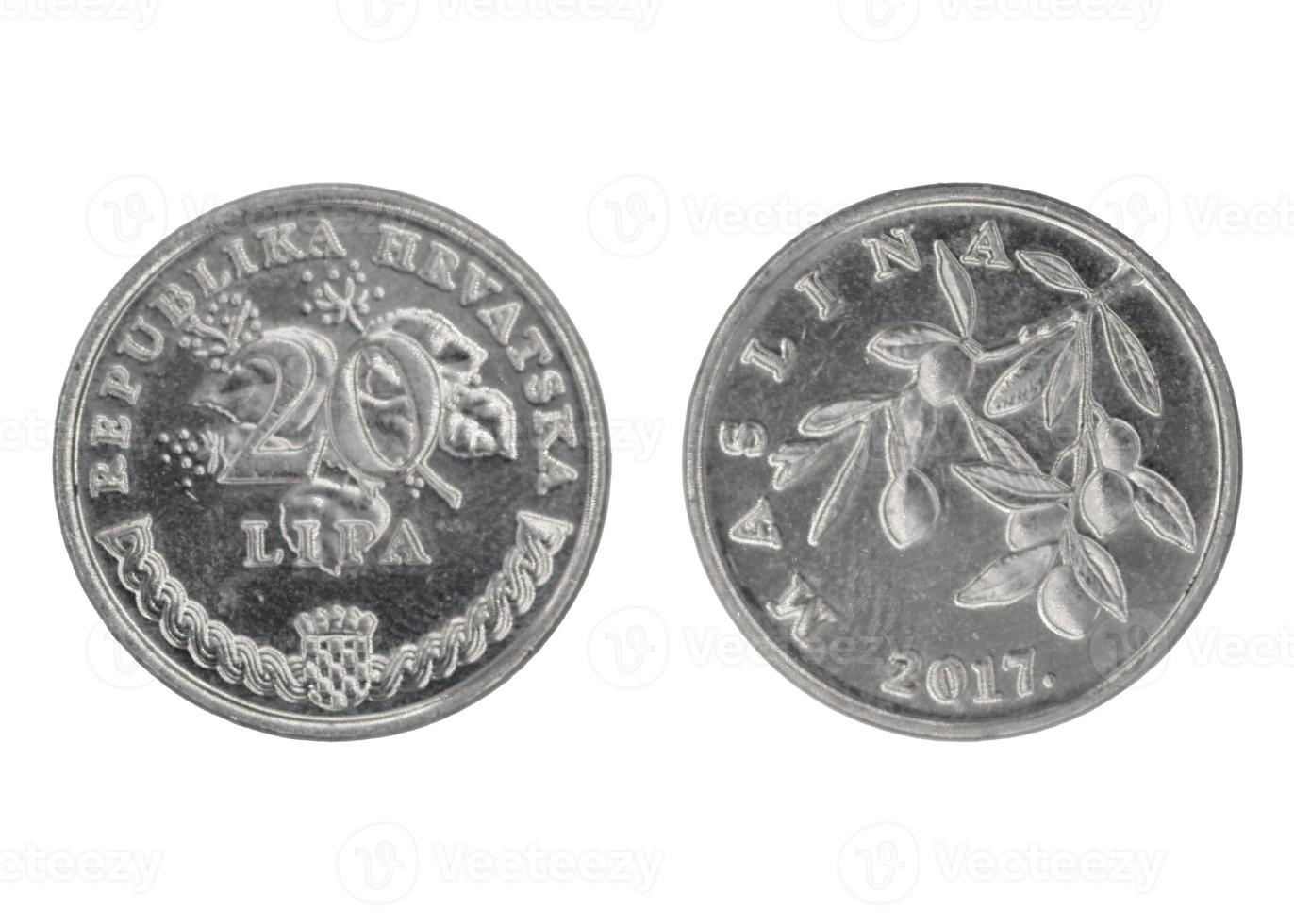 moeda de 20 kn de lipa croata com ambos os lados em fundo branco isolado foto