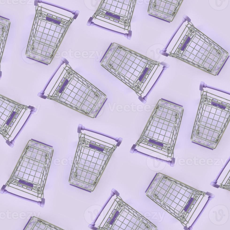 padrão de muitos pequenos carrinhos de compras em um fundo violeta. vista superior plana do minimalismo foto
