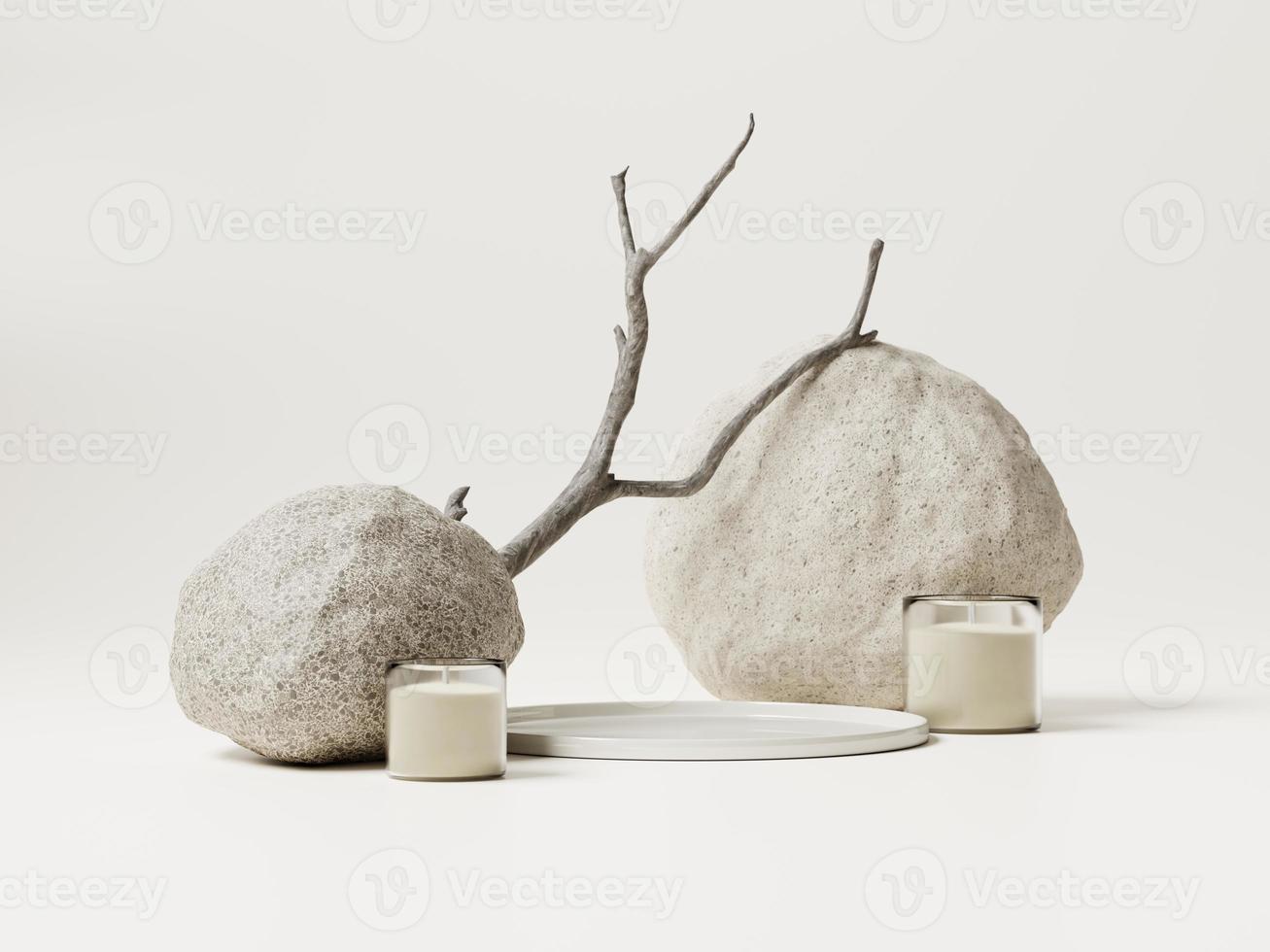 Pódios de exibição mínima 3D com galho de árvore seco, pedras e velas em fundo branco. renderização 3D de apresentação abstrata para publicidade de produtos. ilustração 3D mínima. foto