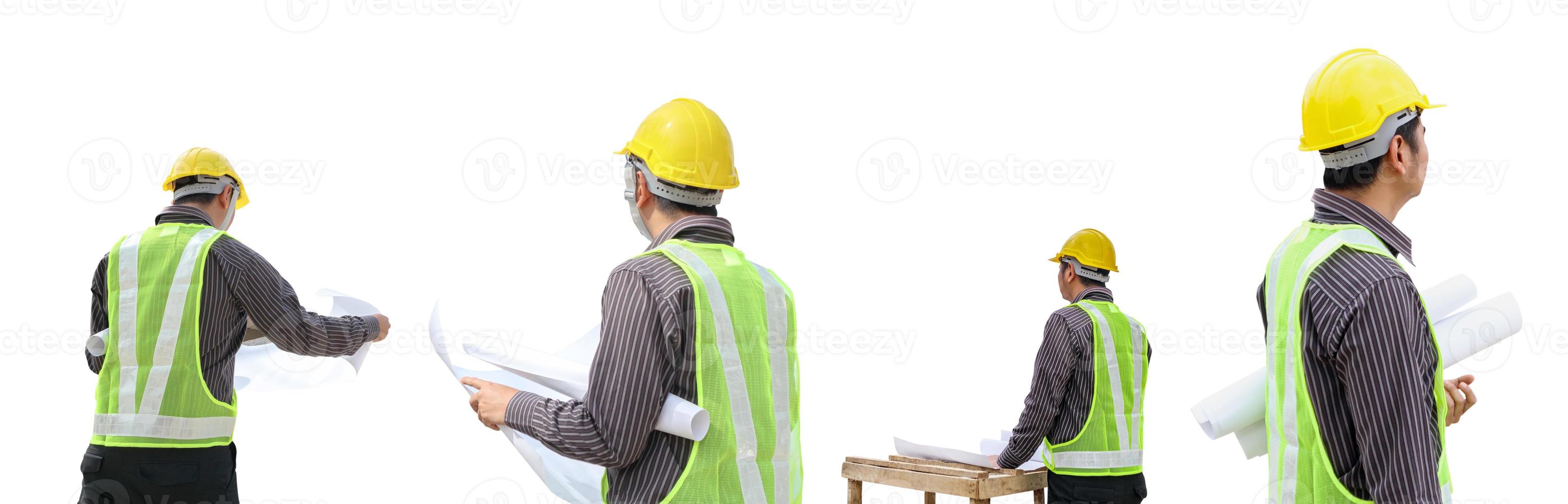 engenheiro de construção homem asiático isolado no fundo branco foto