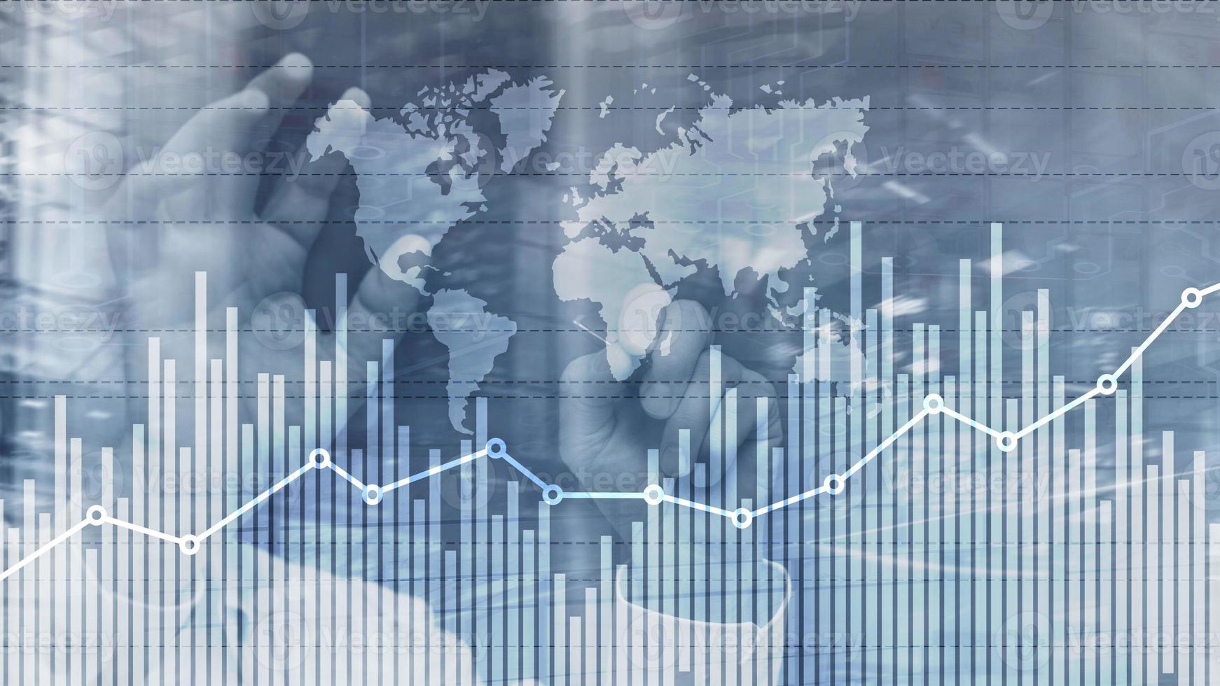 gráfico de gráfico de crescimento de finanças de negócios analisando diagrama de negociação e conceito de câmbio forex dupla exposição fundo de mídia mista cabeçalho do site foto