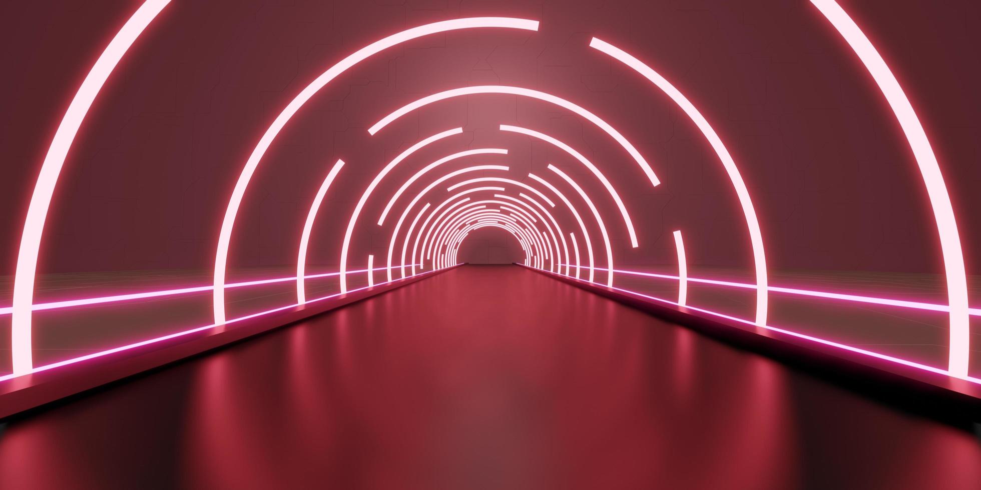 corredor de túnel abstrato com raios de luz e novos destaques cena de néon de fundo abstrato com raios e linhas arco redondo luz em movimento noite ilustração 3d foto