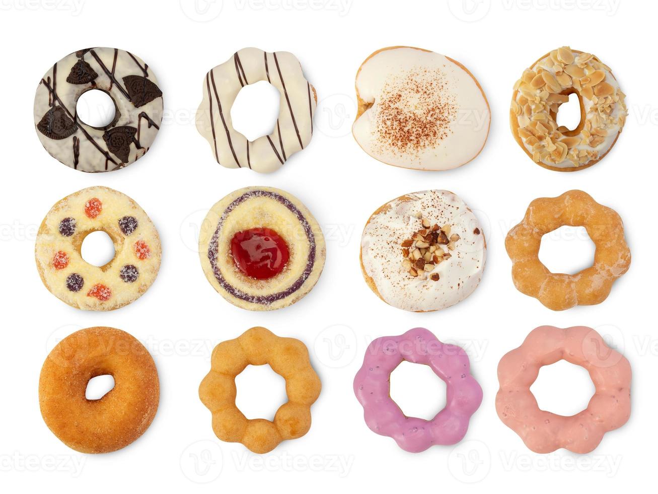 conjunto de donuts isolados no fundo branco com traçado de recorte foto