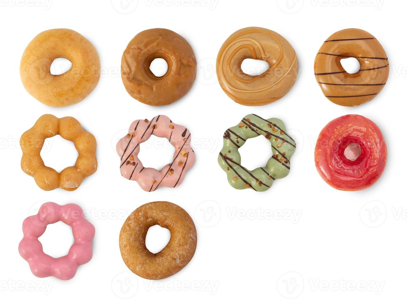 conjunto de donuts isolados no fundo branco com traçado de recorte foto