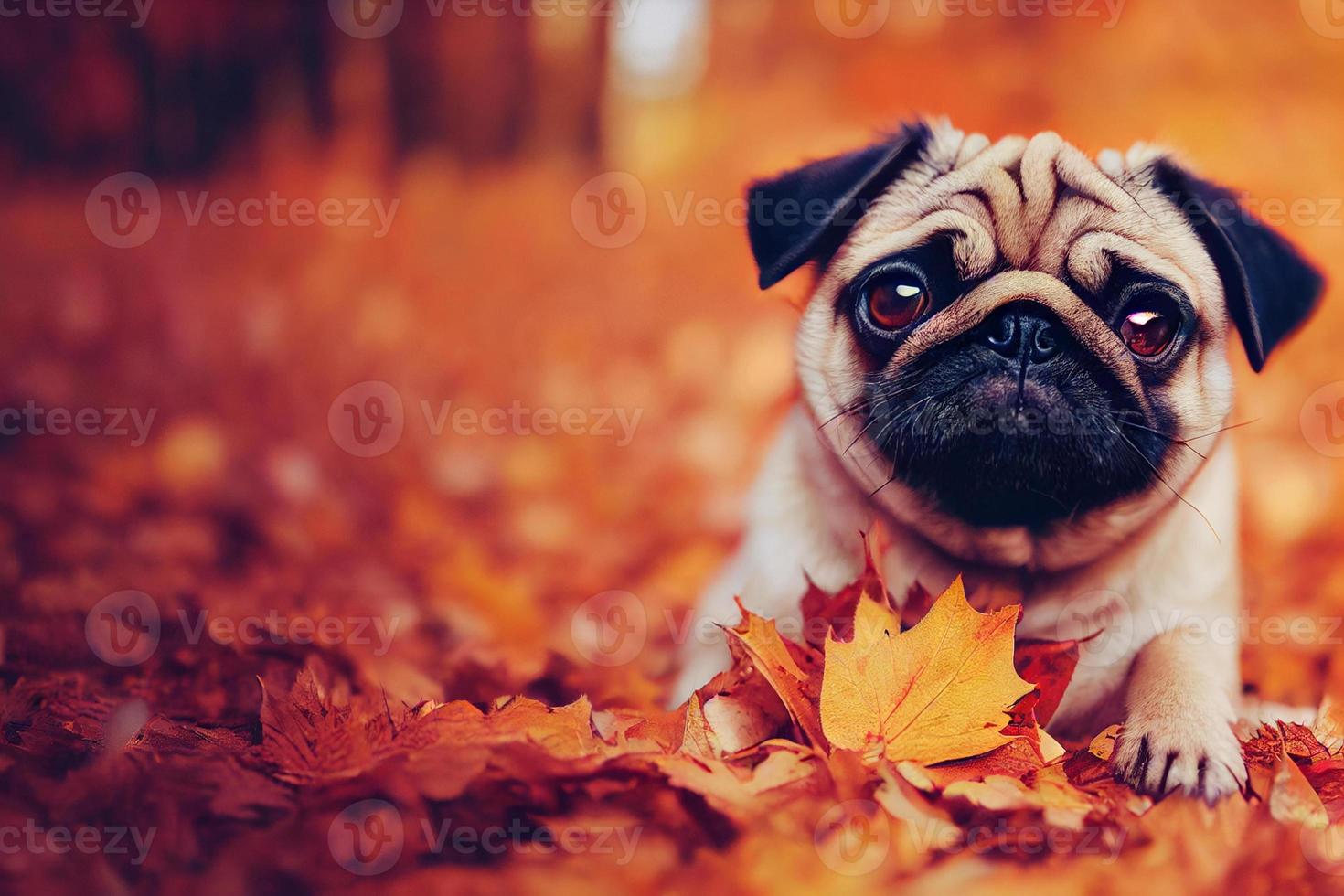 ilustração de filhote de pug deitado nas folhas de outono. foto