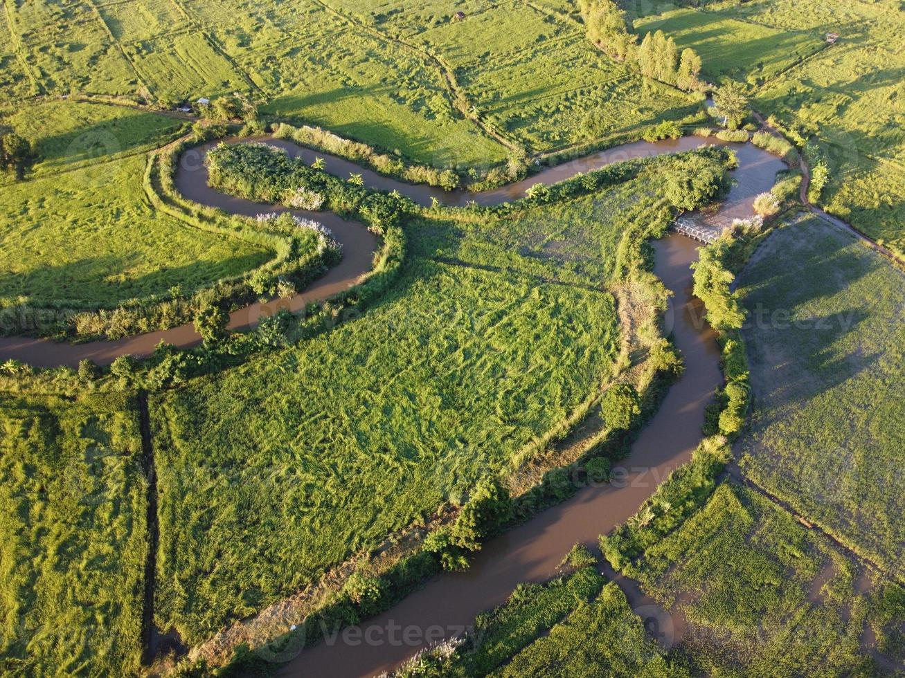 riachos serpenteiam em áreas agrícolas durante a estação chuvosa com muita água. verde e quente ao sol da manhã. foto