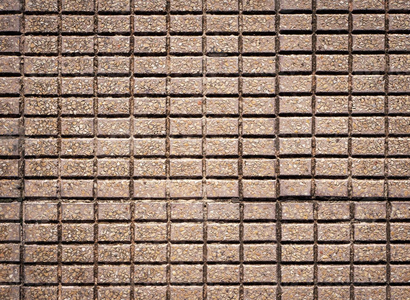 textura de uma calçada feita de pequenos tijolos retangulares fotografados de cima foto