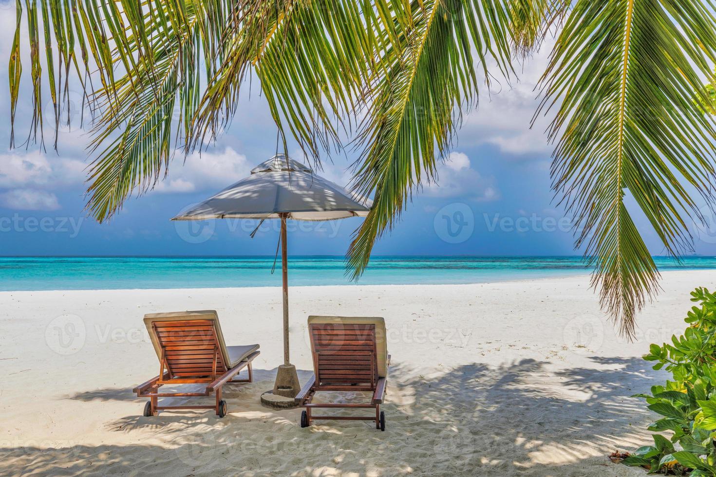 banner de bela praia tropical. areia branca e palmas de coco viajam conceito de fundo amplo panorama de turismo. incrível paisagem de praia. impulsionar o processo de cor. férias ou férias em resort de luxo na ilha foto