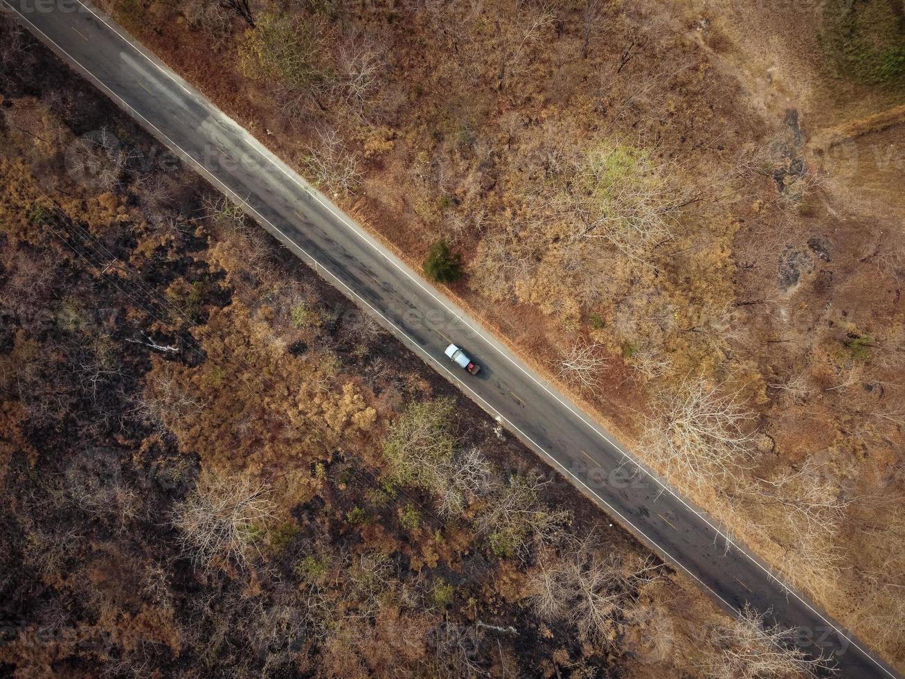 vista aérea, a estrada passa por uma floresta seca amarelo-alaranjada. algumas partes foram destruídas por um incêndio florestal. foto