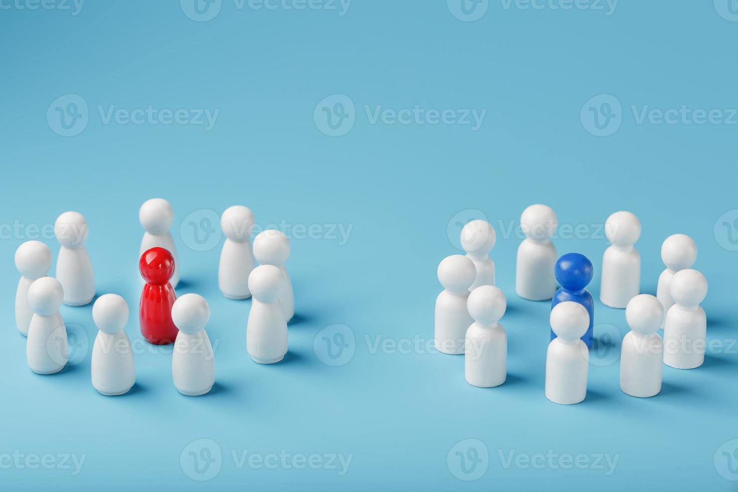 dois grupos diferentes de pessoas brancas estão ao redor dos candidatos à liderança azul e vermelho separadamente. competição nos negócios entre as empresas e as equipes. foto